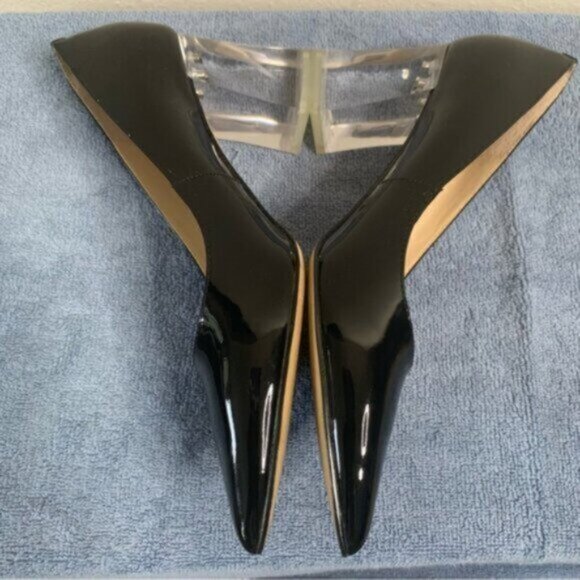 Marc Fisher Ltd Black Patent Leather Pointed Toe Clear Block Heels - Picture 12 of 15